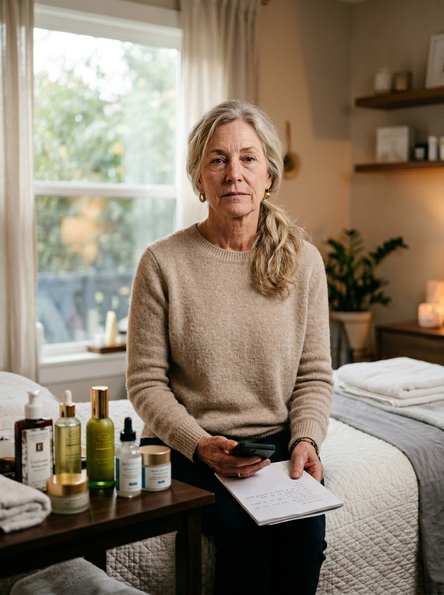 Margaret sitting on the treatment bed holding her phone and a folded notebook page, with the row of high-end skincare bottles on the side table