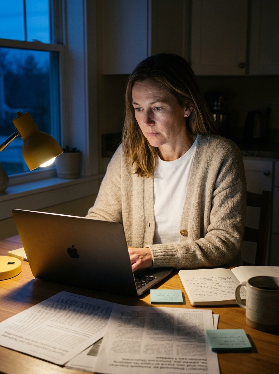 Sarah Mitchell at her kitchen table late at night, focused on her laptop with printouts and an open notebook surrounding her