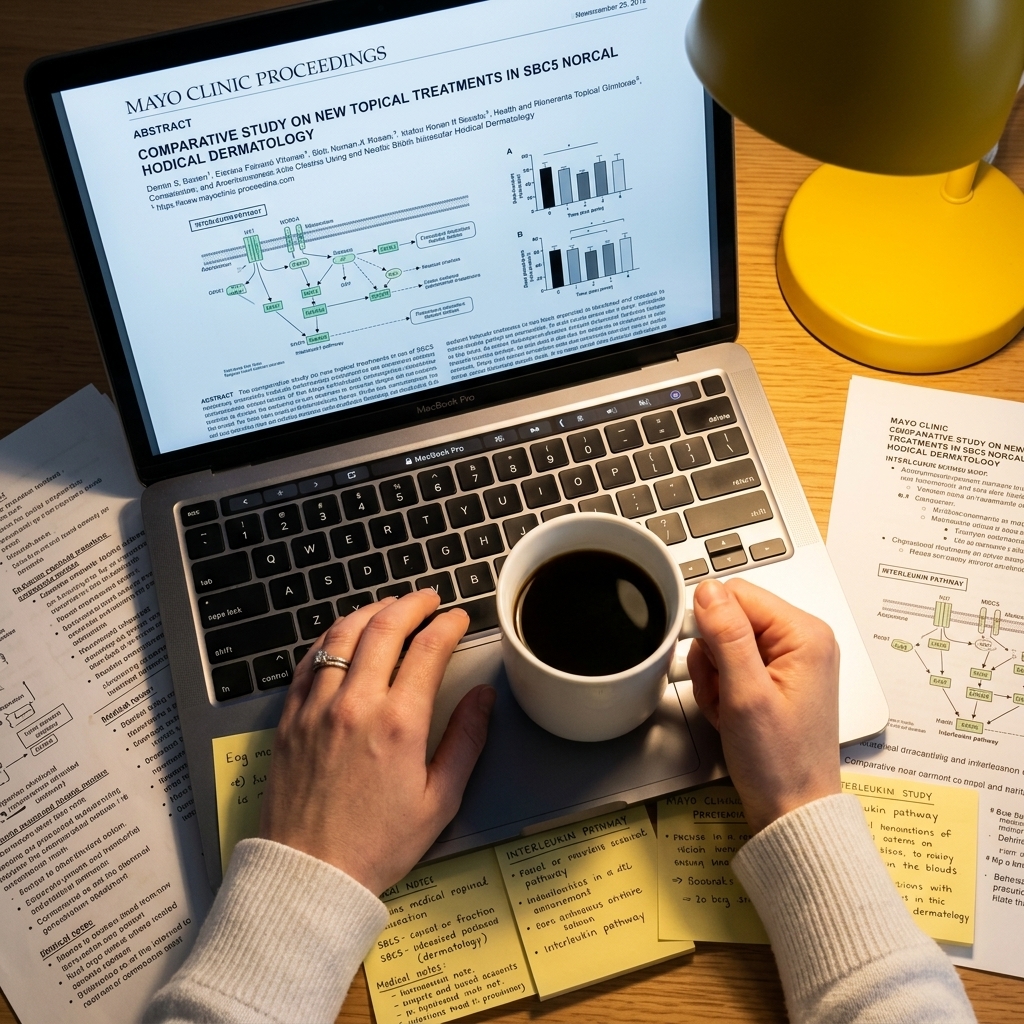 Close-up of a laptop screen showing a Mayo Clinic Proceedings dermatology research article in English, with Sarah's hand holding a coffee mug beside it