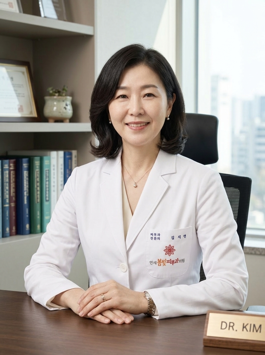 Dr. Kim in her white clinical coat at her consultation desk in a Seoul dermatology clinic, calm warm professional expression with the Dr. Kim nameplate visible