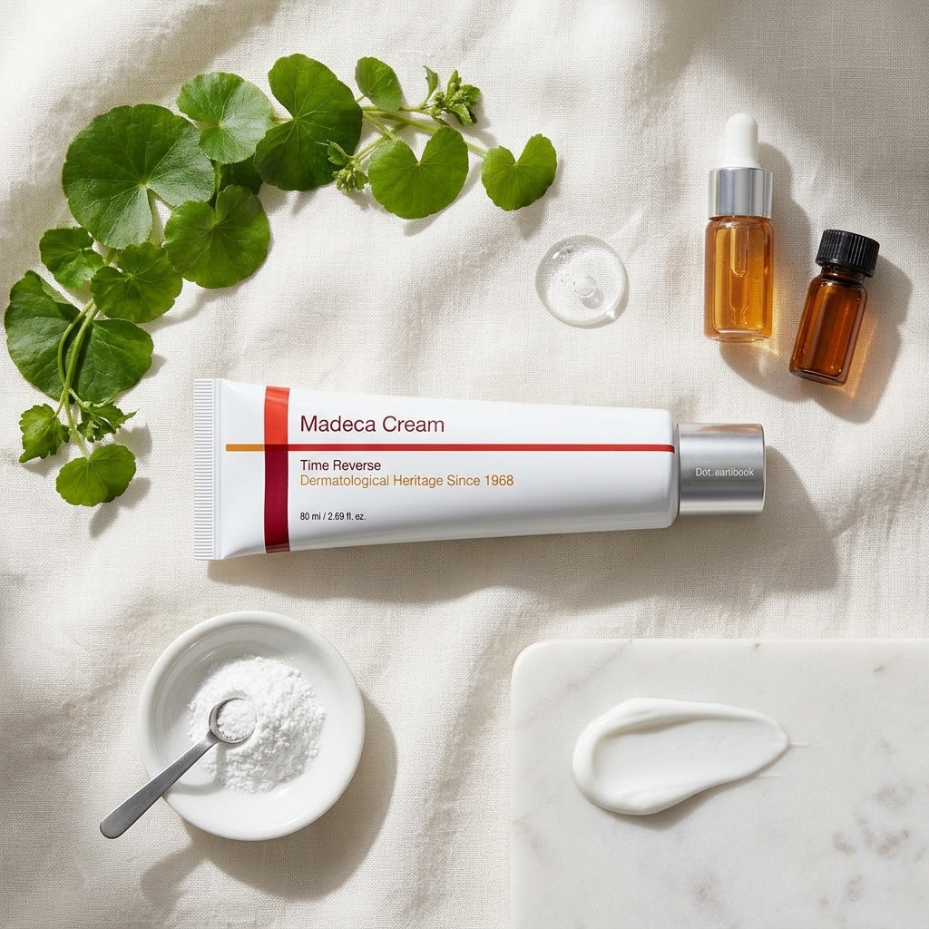 Editorial flat-lay of the Osenra TECA Skin Repair Cream tube on linen, surrounded by fresh centella asiatica leaves, a dropper of TECA extract, a dish of niacinamide powder, a hyaluronic gel droplet, a peptide vial, and a ceramide cream swatch on marble