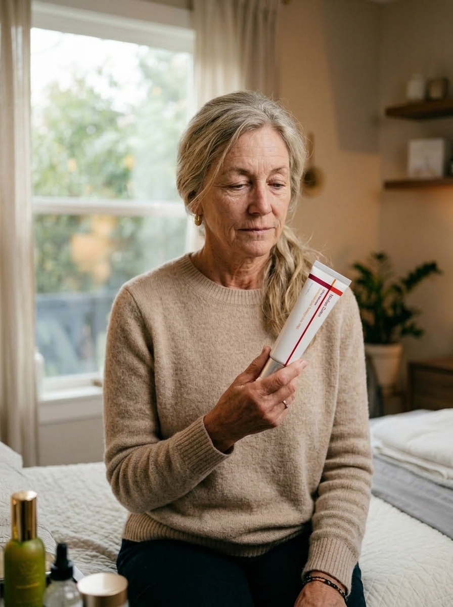 Margaret seated on the treatment bed holding the small Osenra TECA Skin Repair Cream tube in one hand, examining it carefully