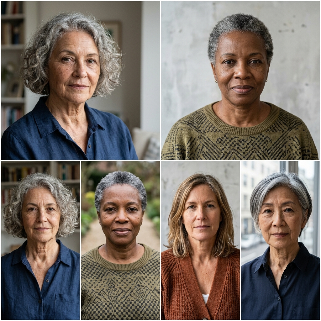 Documentary composite of six mature women aged 52 to 76, diverse in hair color and skin tone, each looking calmly at the camera with quiet confidence