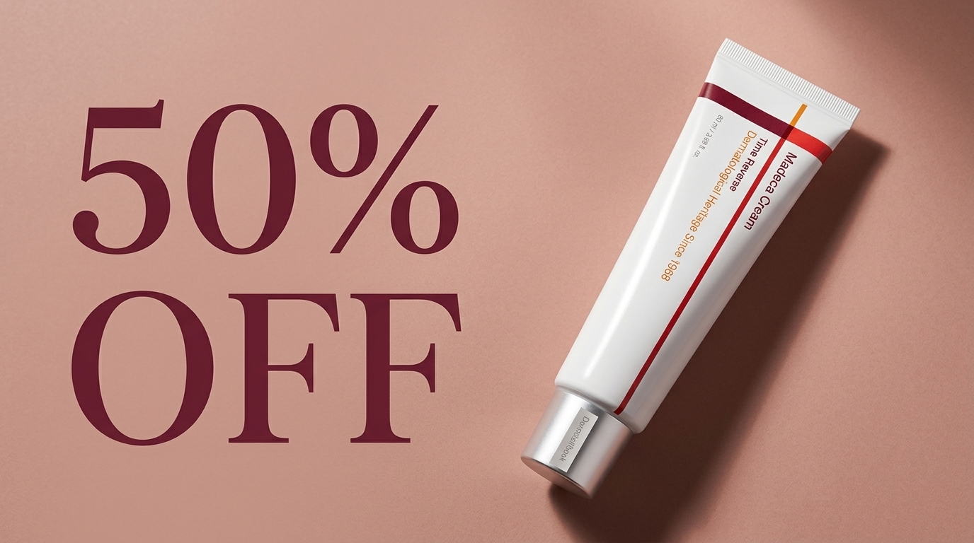 Osenra TECA Skin Repair Cream tube on a dusty rose background with large 50% OFF typography