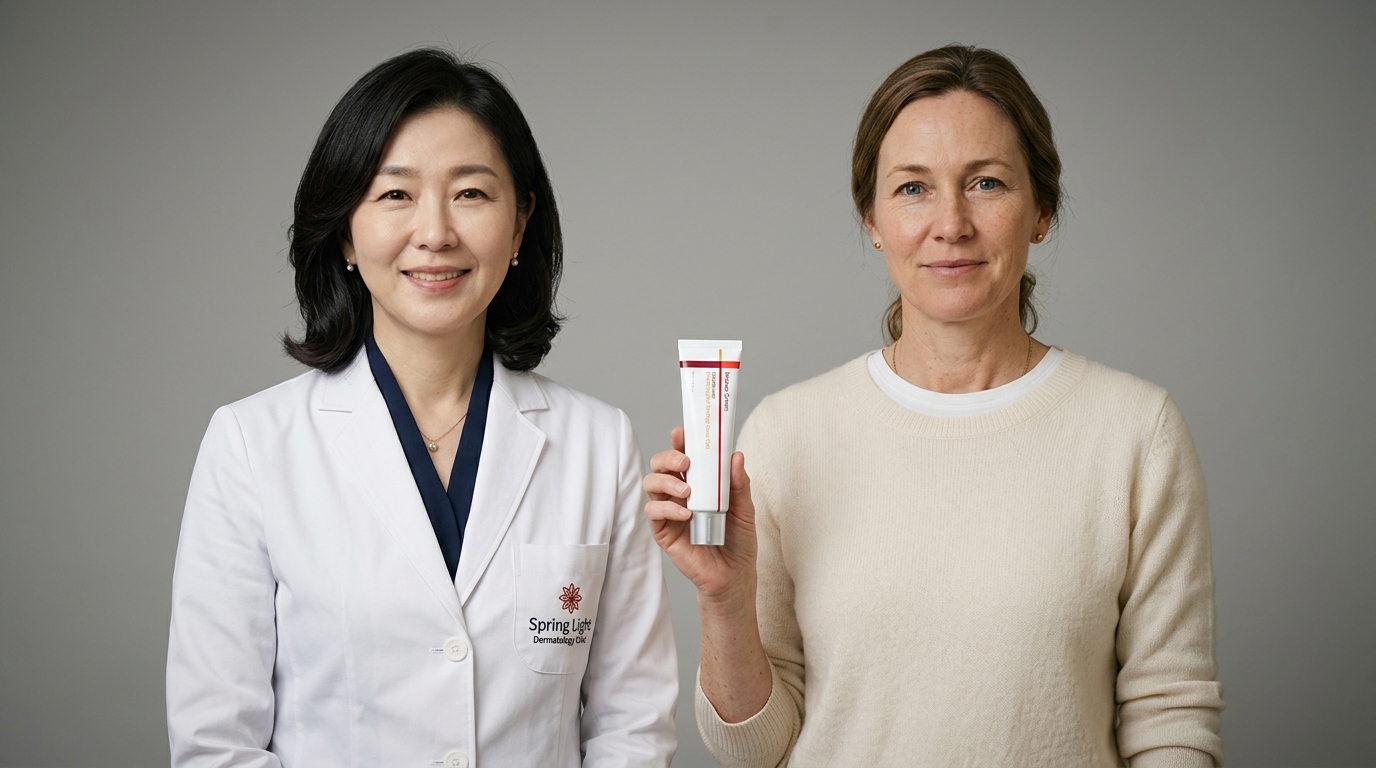 Dr. Kim, formulator of the Osenra TECA Skin Repair Cream, standing alongside Sarah Mitchell who is holding the tube — Dr. Kim's clinic in Seoul ships the cream directly to American women