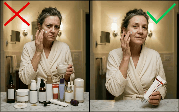 Before and after side-by-side: same woman, two routines