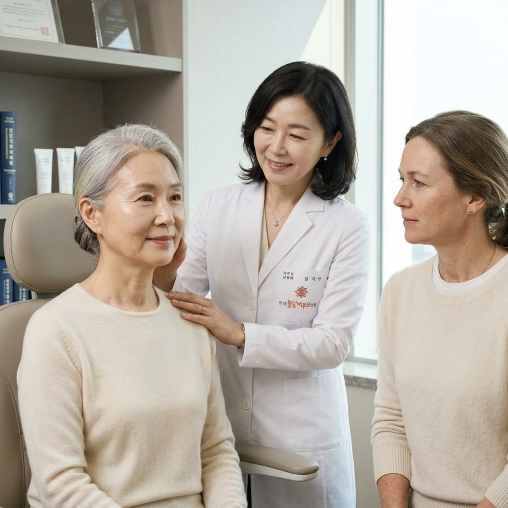 Sarah Mitchell observing Dr. Kim with one of her elderly Korean patients in the consultation room at Spring Light Dermatology Clinic