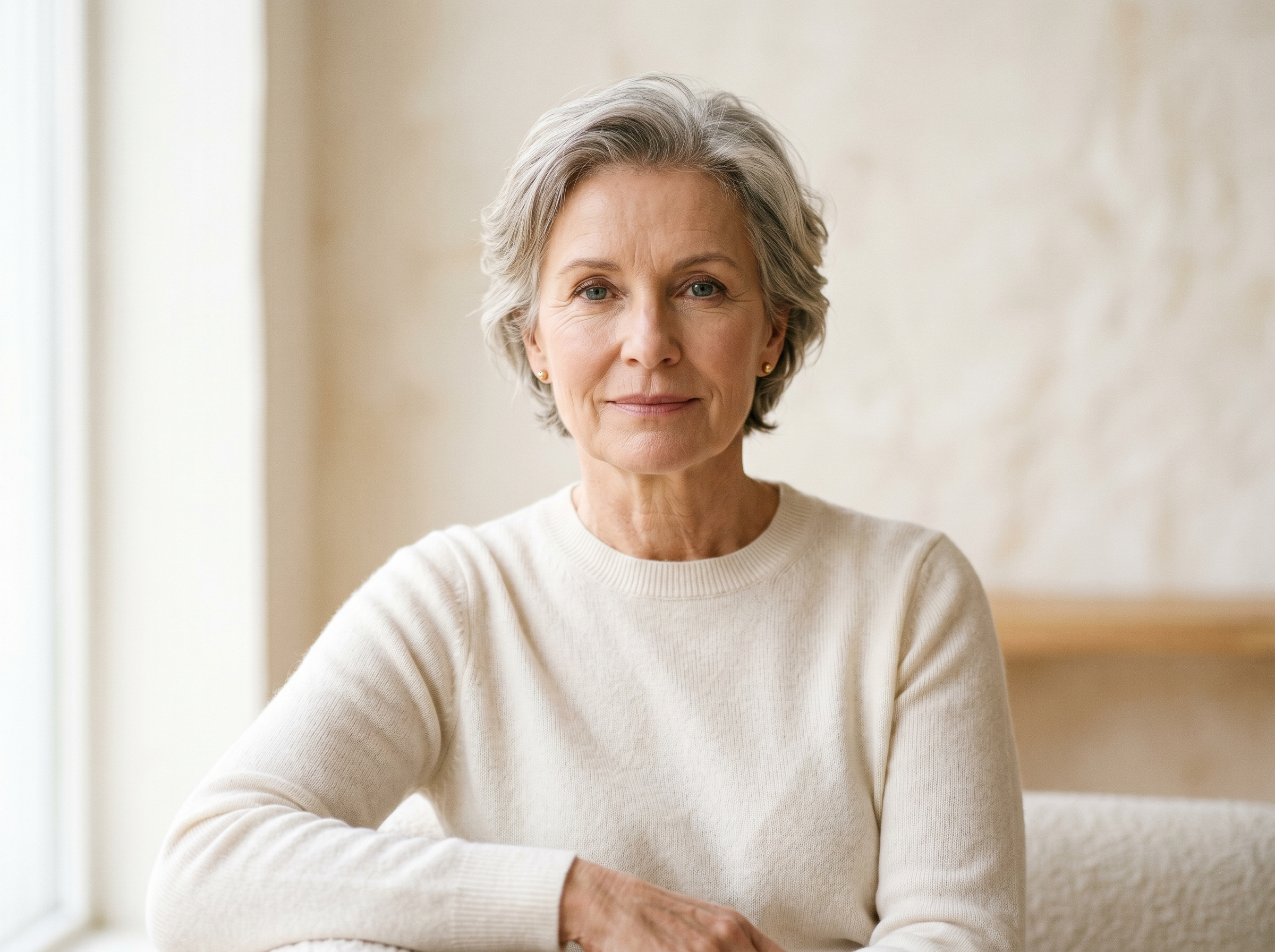 Mature woman portrait, composed expression, healthy skin