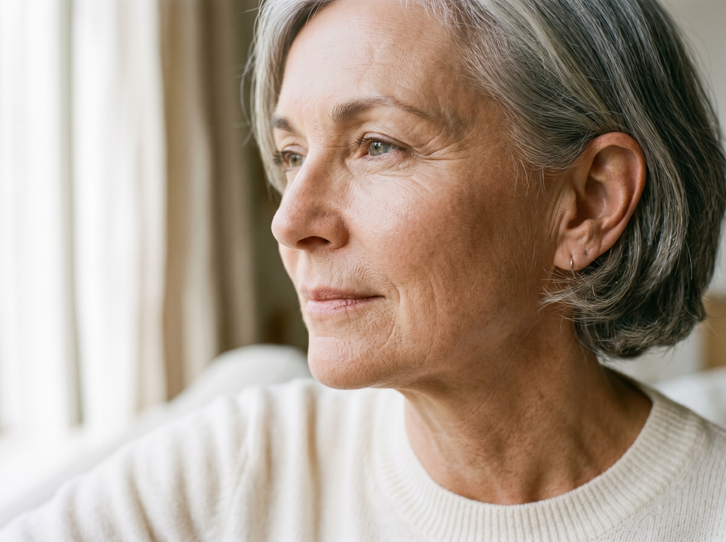 Mature woman with silver hair, soft morning light, evening skin tone