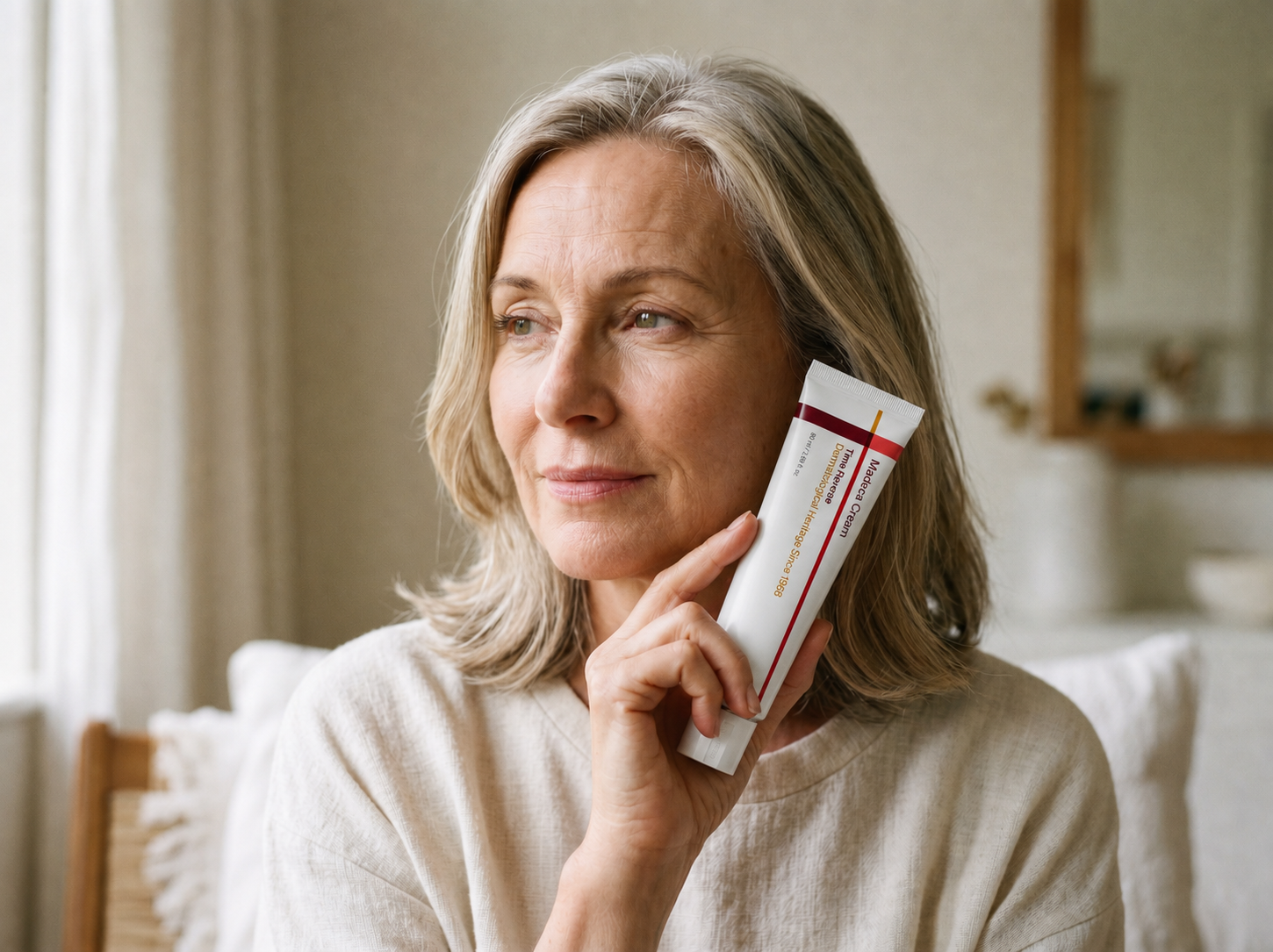 Mature woman holding TECA Skin Repair Cream tube, sustained outcome