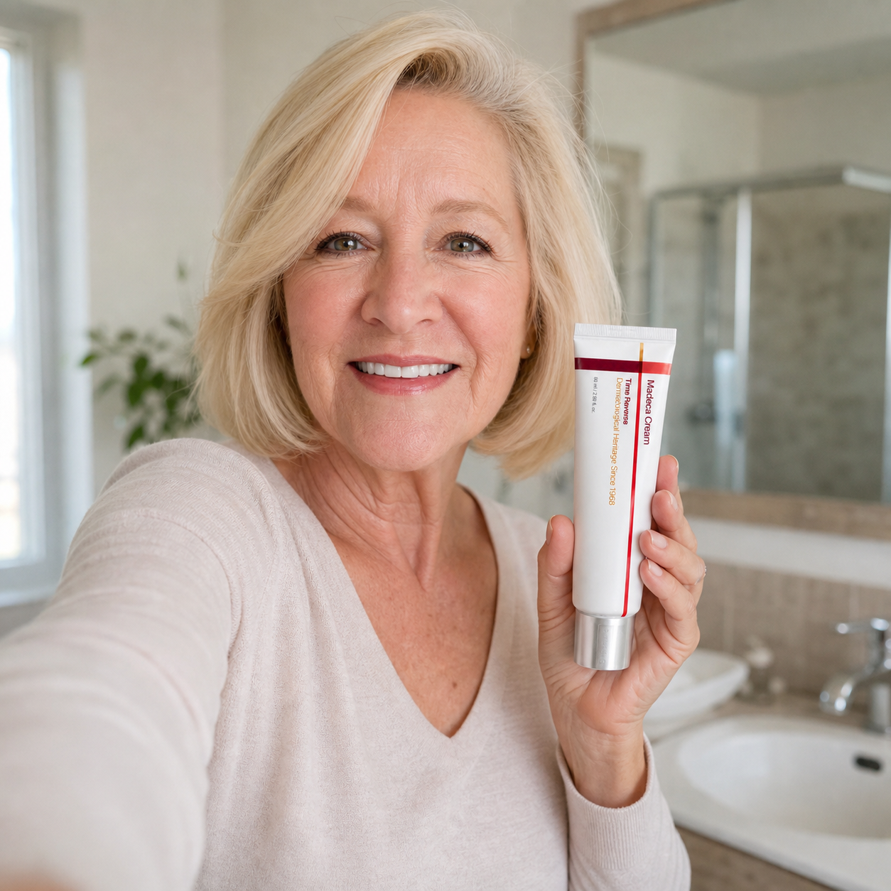 Mature woman with TECA Skin Repair Cream in a bathroom setting