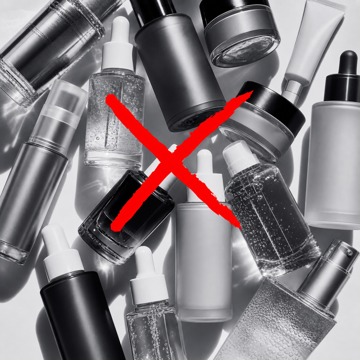 Pile of failed anti-aging products with a red X across them