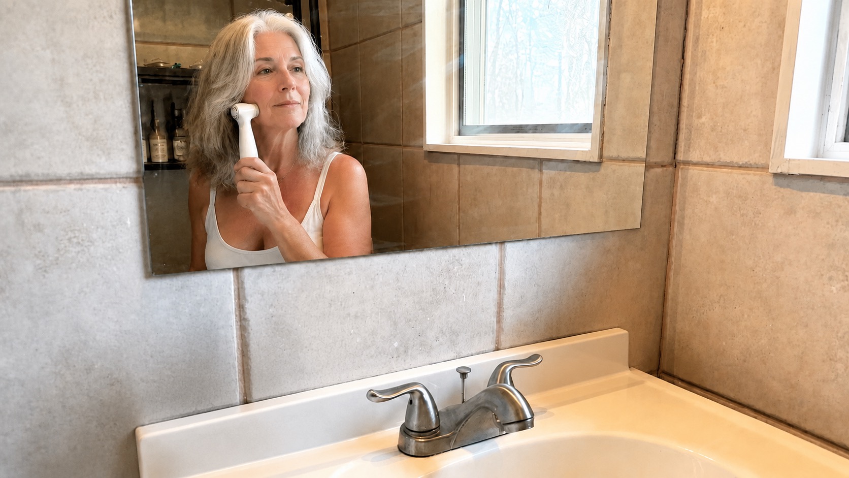 Mature woman applying skincare products in front of a mirror