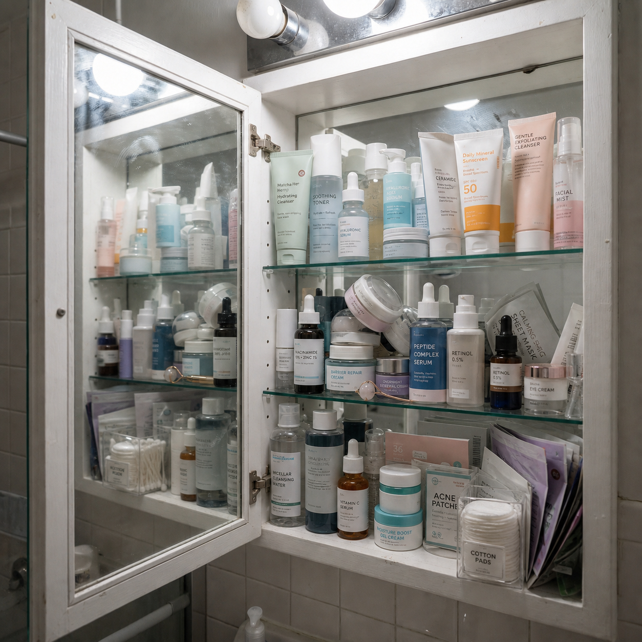 A bathroom cabinet packed with skincare products