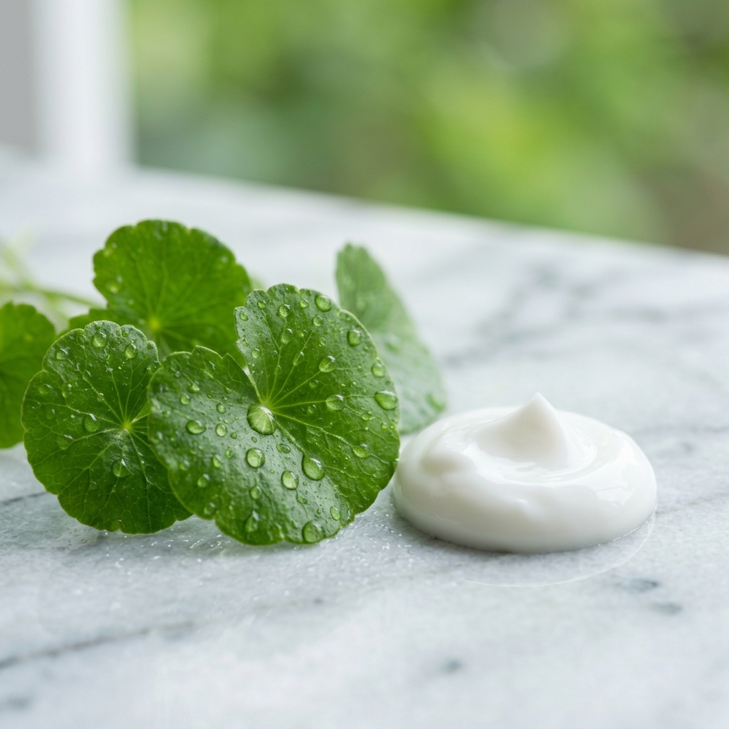 Fresh centella asiatica leaves beside a dollop of cream