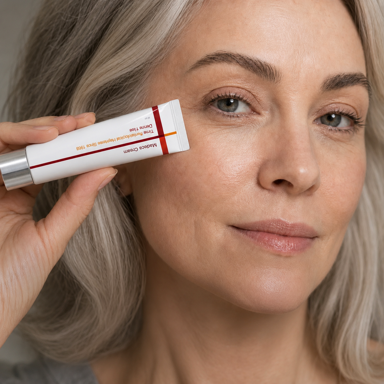 A mature woman holding the cream beside her face