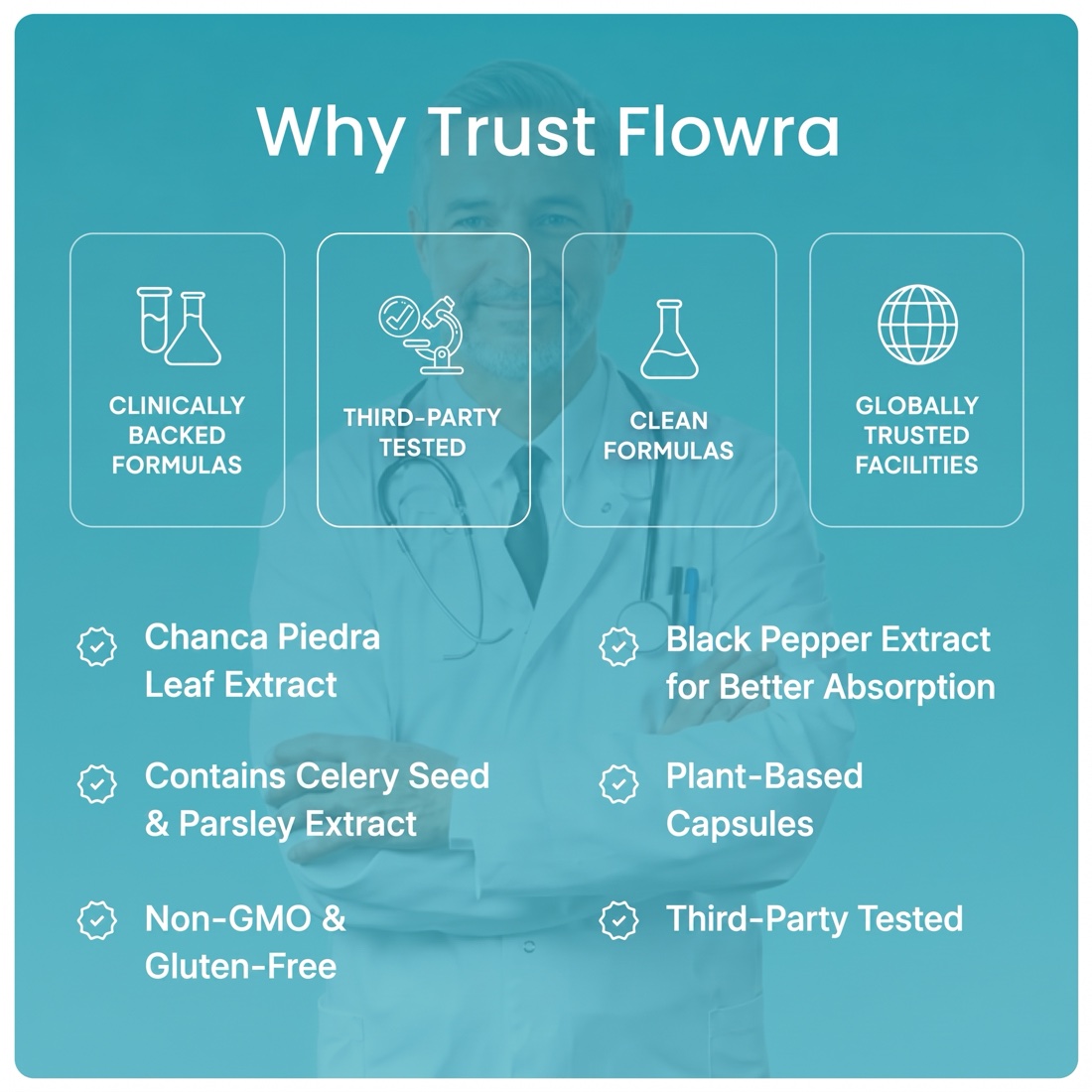 Why Trust Flowra — clinically backed, third-party tested, clean formulas, globally trusted facilities