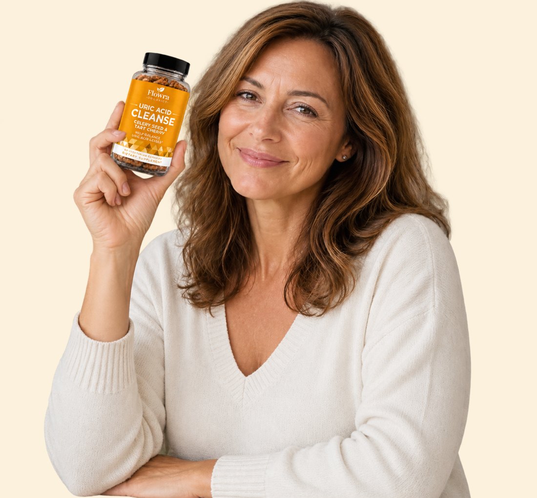 Woman holding Flowra Uric Acid Cleanse