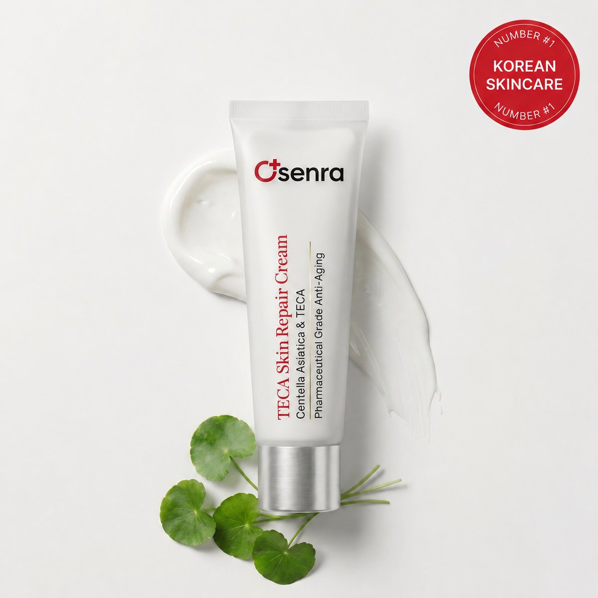 Osenra TECA Skin Repair Cream packaging with centella asiatica leaves and cream swatch, Korean dermatologist approved