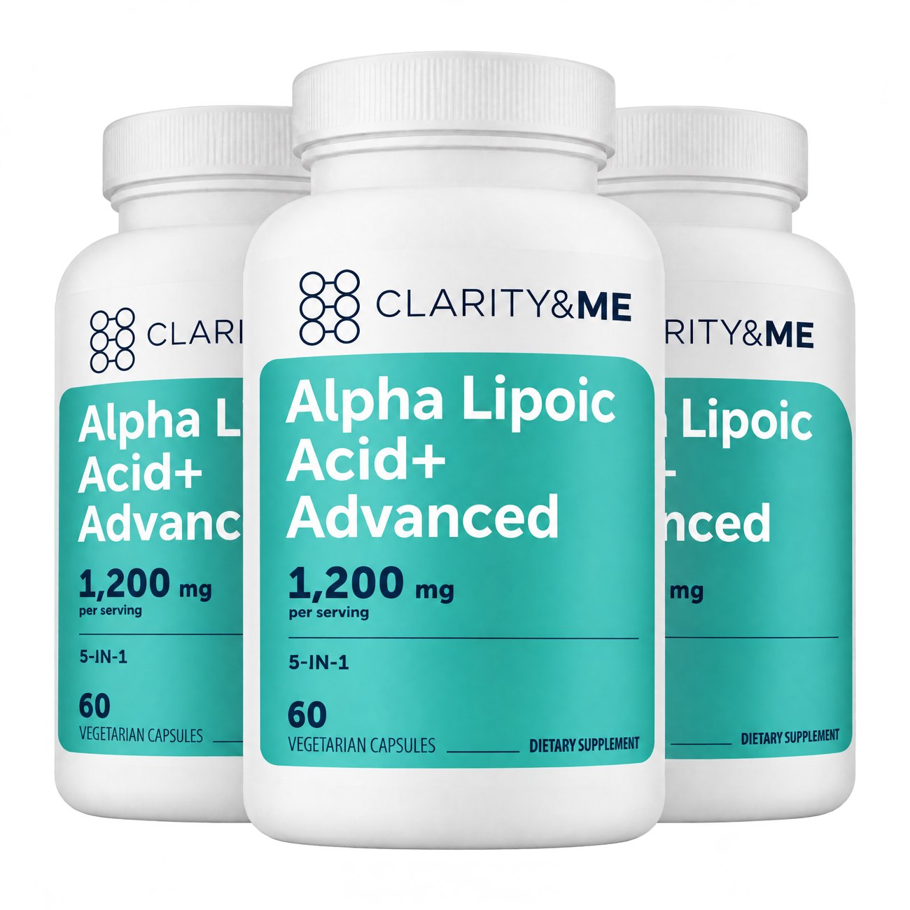 Three bottles of Clarity&Me Alpha Lipoic Acid Advanced 5-in-1 Complex