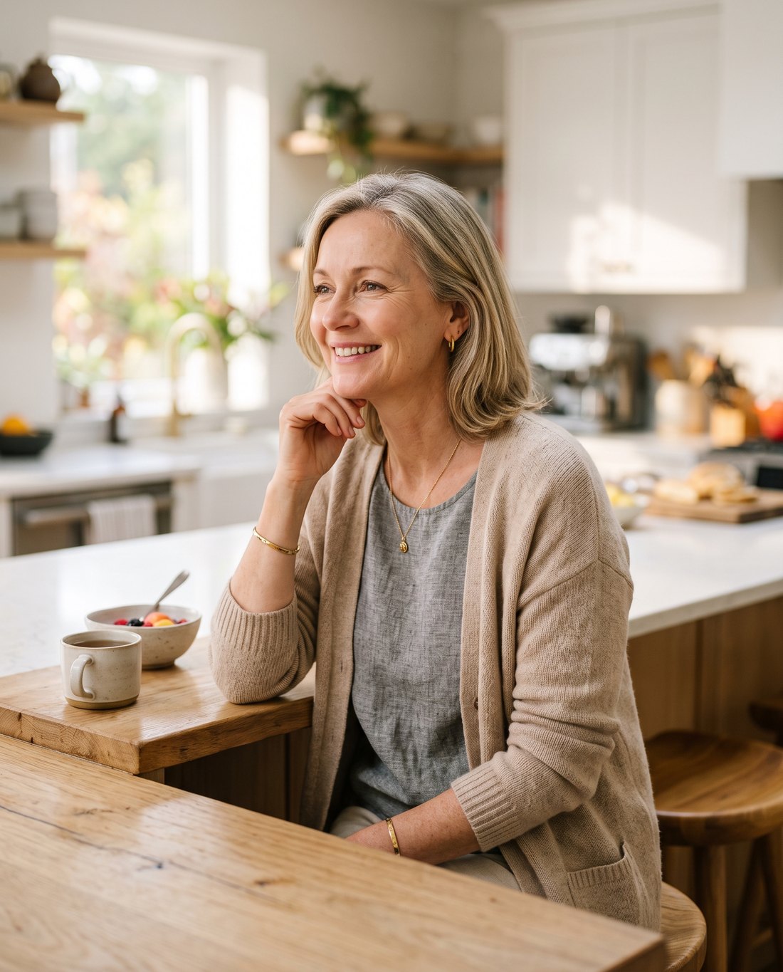 A happy, healthy woman at home after taking Clarity&Me Amla
