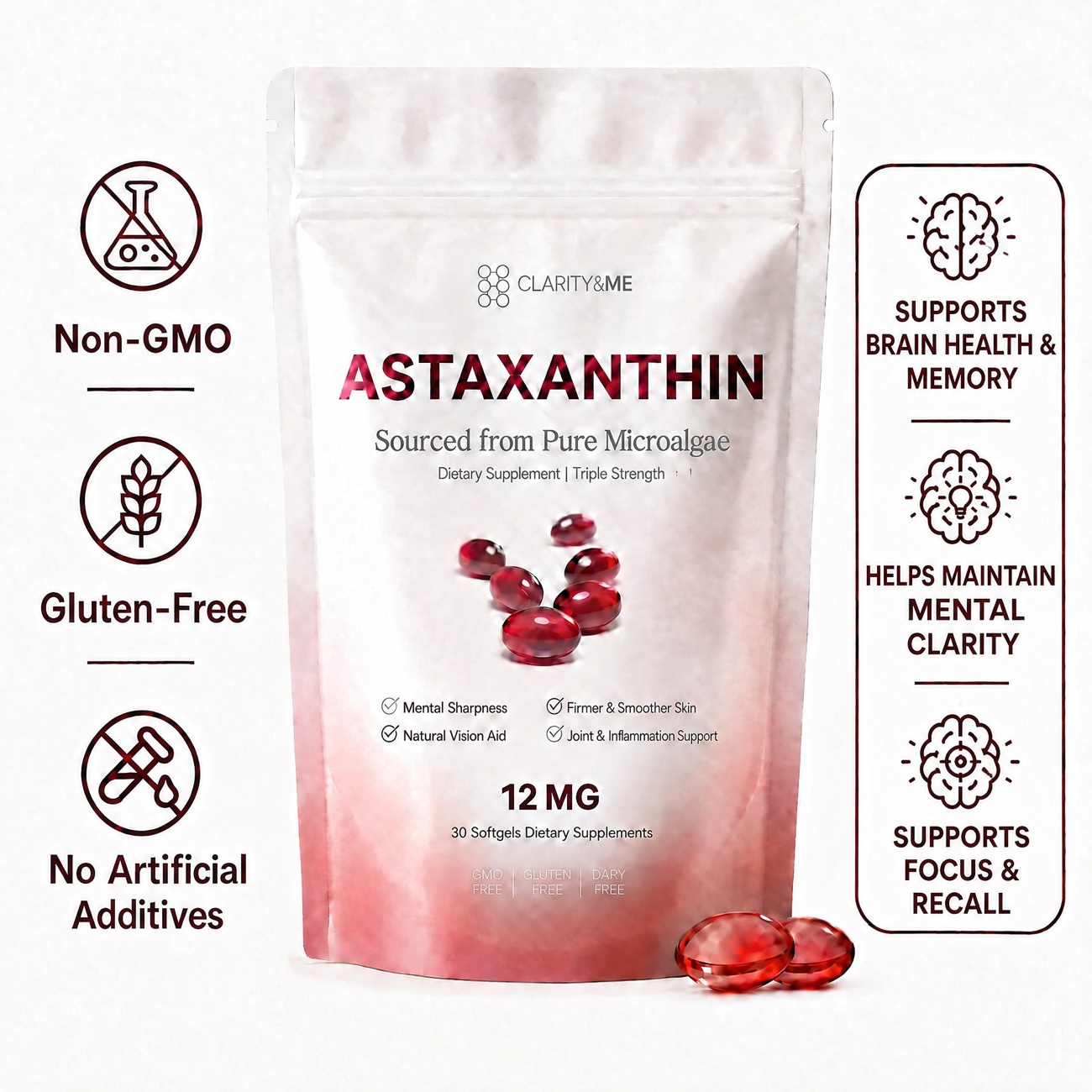 Clarity&Me Astaxanthin 12mg Softgels for brain and memory