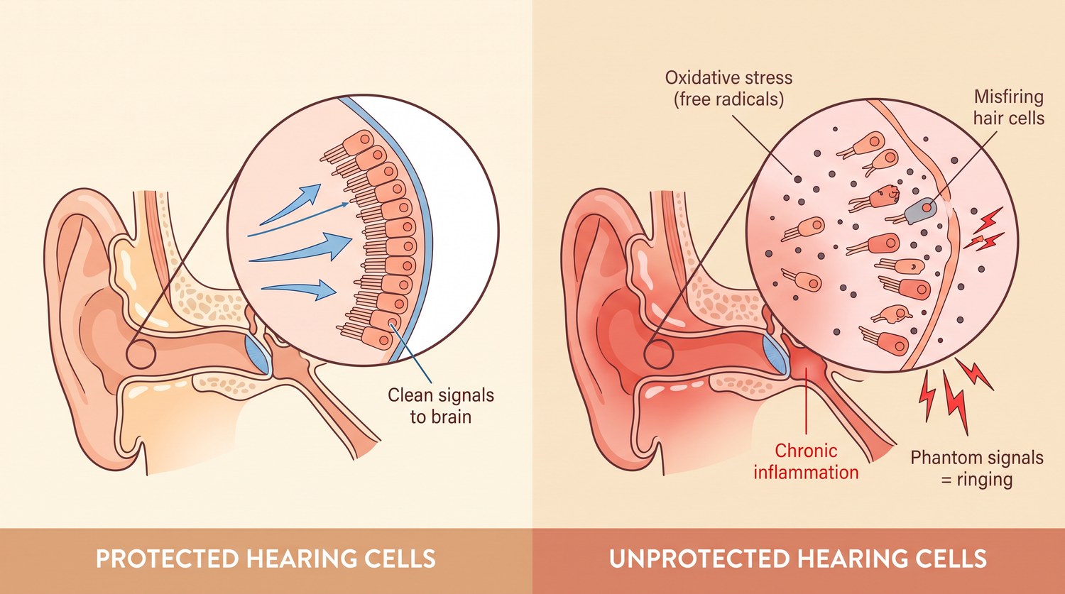 Protected hearing cells versus unprotected hearing cells damaged by oxidative stress