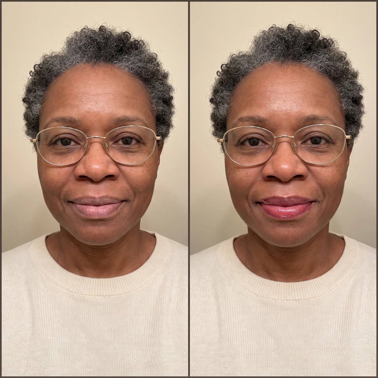 Before and after: bare lips versus a rich, glossy Elara shade