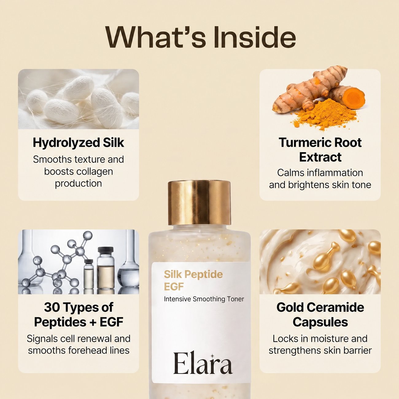 What's inside: hydrolyzed silk, turmeric, peptides and gold ceramide