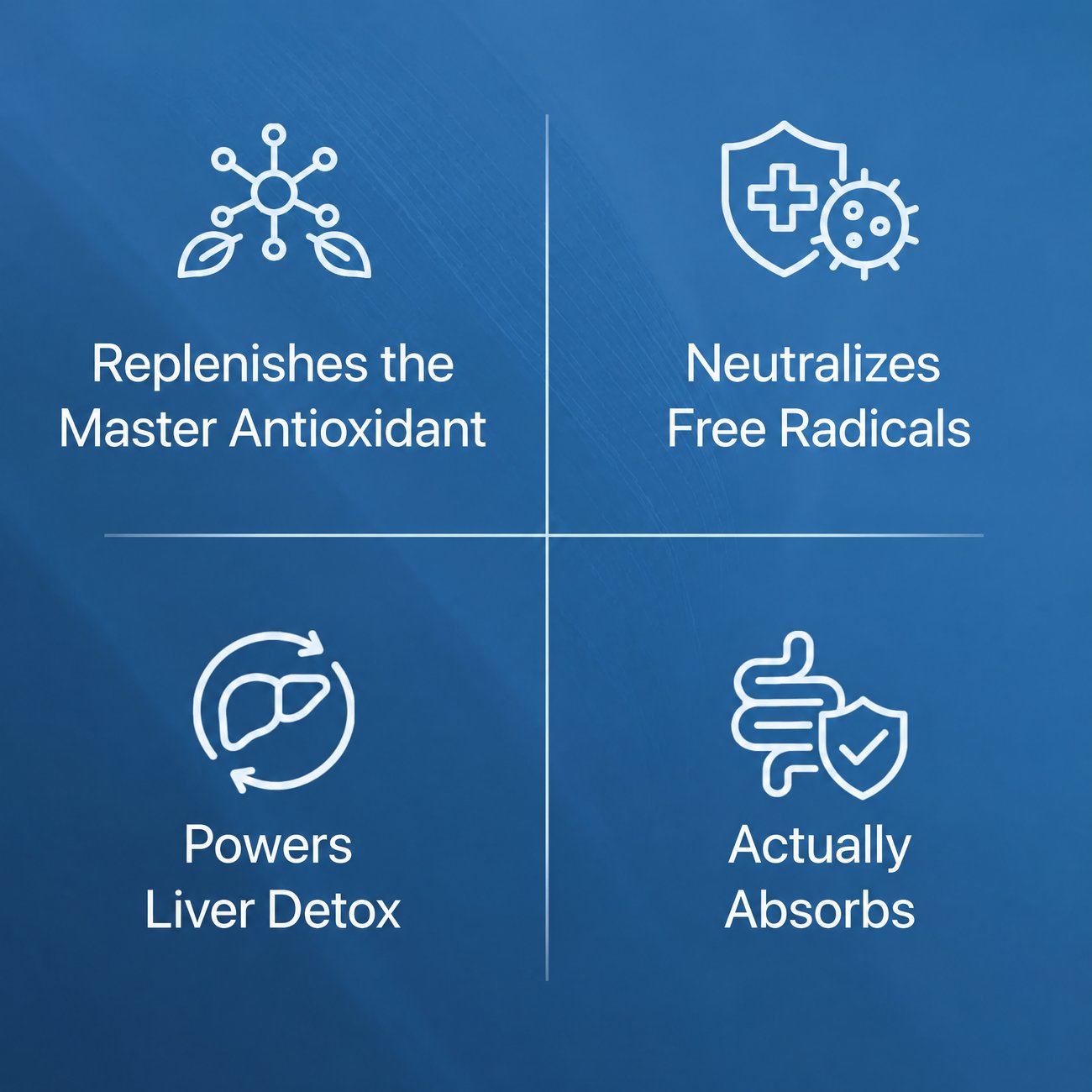 Replenishes the master antioxidant, neutralizes free radicals, powers liver detox, actually absorbs