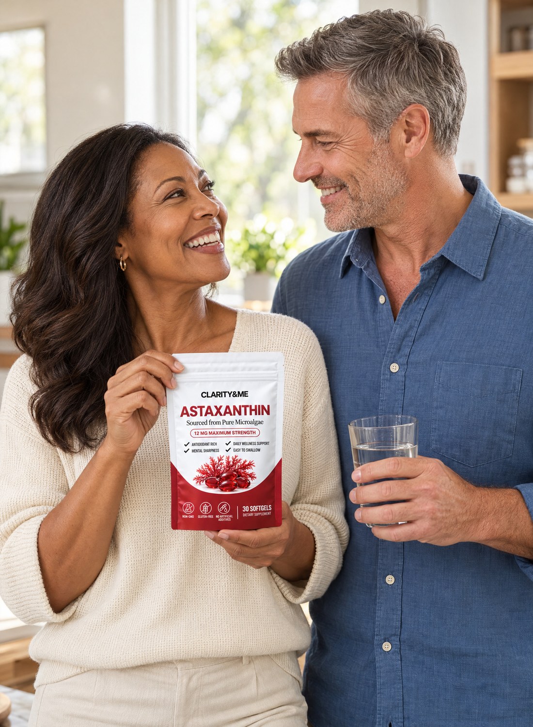 Happy mature couple at home with Clarity&Me Astaxanthin