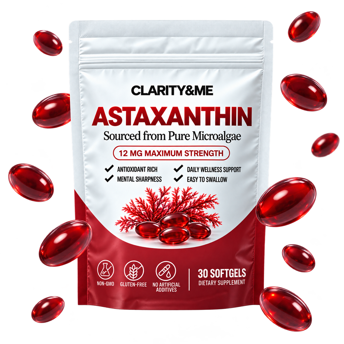 Clarity&Me Astaxanthin pouch with red softgels