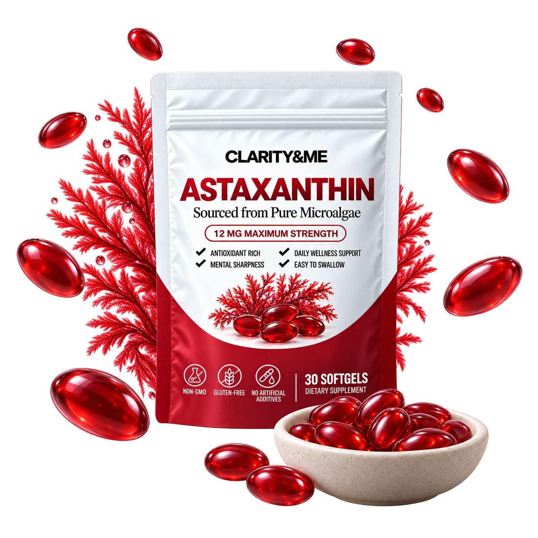 Clarity&Me Astaxanthin pouch with red softgels