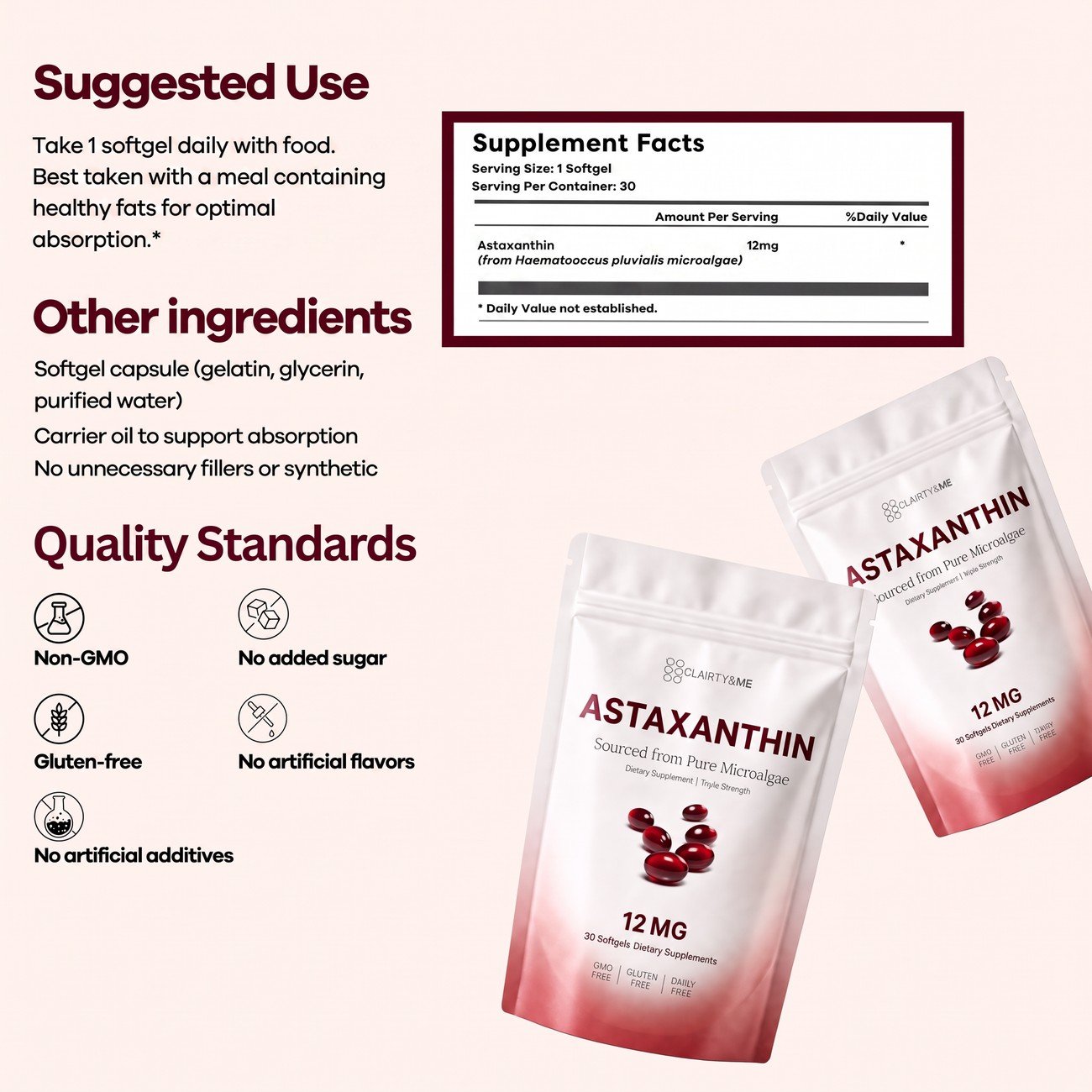 Astaxanthin suggested use and supplement facts