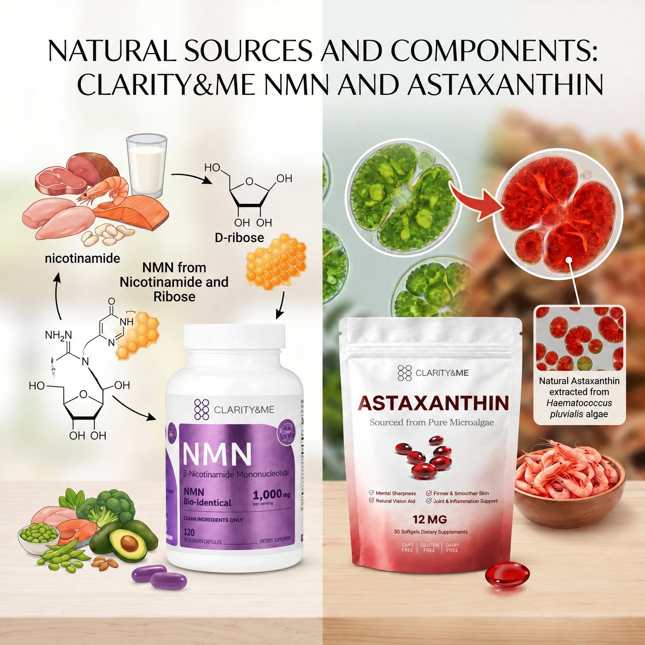 Natural sources and components: Clarity&Me NMN and Astaxanthin