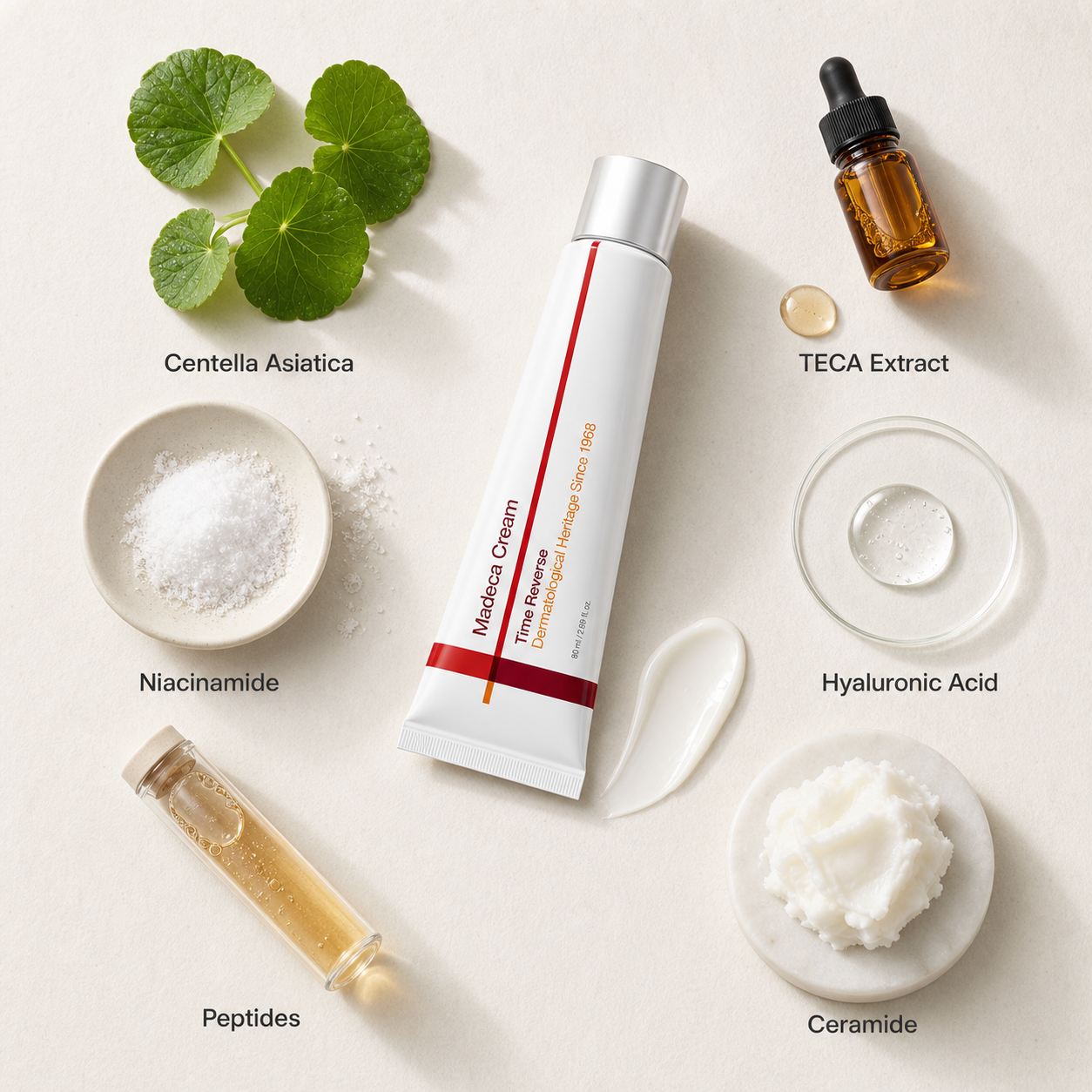 TECA Skin Repair Cream with all clinical actives: centella asiatica, TECA extract, niacinamide, hyaluronic acid, peptides, ceramide