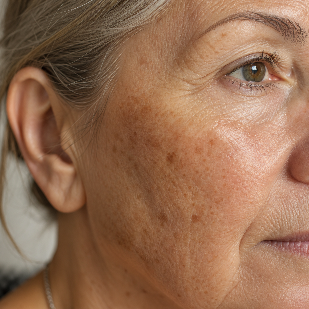 Close-up of age spots and uneven pigmentation on mature skin
